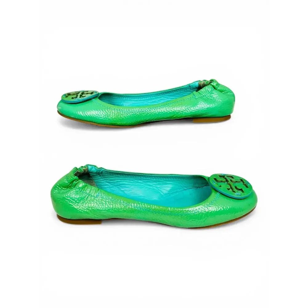 Tory Burch Caroline Green Leather Ballet Flats Size 6 Gold Logo Scrunch Elastic